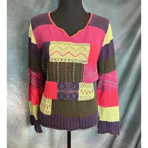 Vintage Y2K Christopher‎ & Banks Patchwork Knit Sweater Embroidered Medium